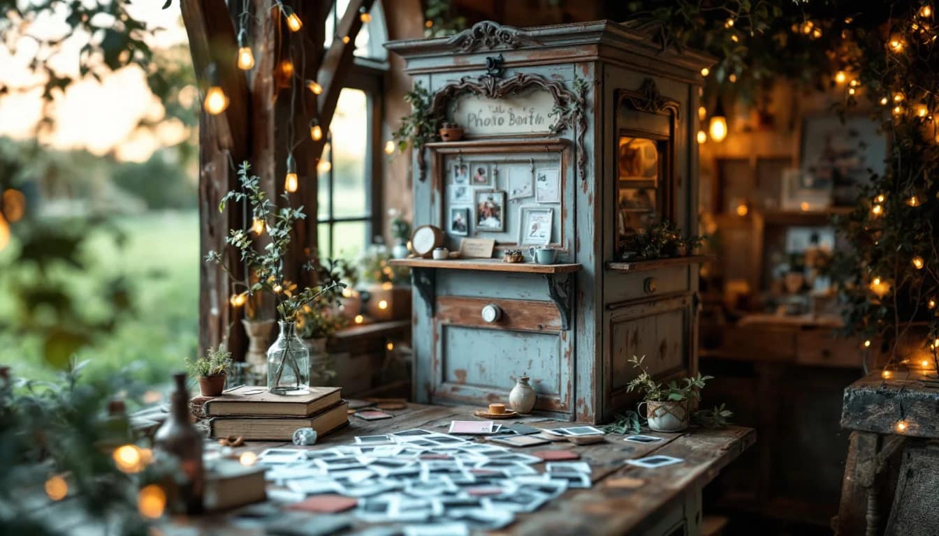 Vintage Photo Booth Hire Prices — A close-up of a classic vintage photo booth set up at a wedding in South West En Vintage Photo Booth Hire Prices — A close-up of a classic vintage photo booth set up at a wedding in South West En
