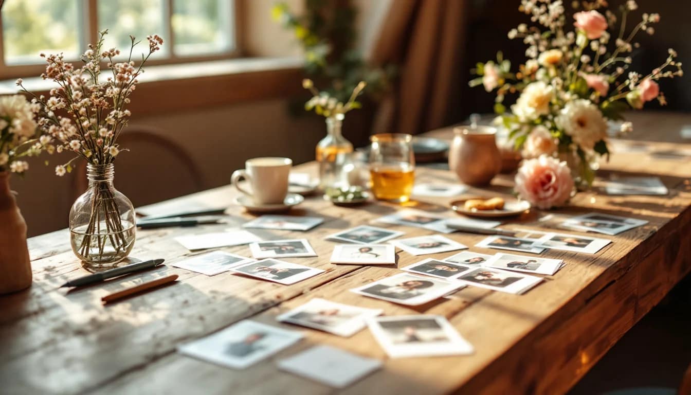 Magic Mirror Hire For Weddings — A beautifully laid-out wedding guestbook surrounded by instant photo printouts f Magic Mirror Hire For Weddings — A beautifully laid-out wedding guestbook surrounded by instant photo printouts f