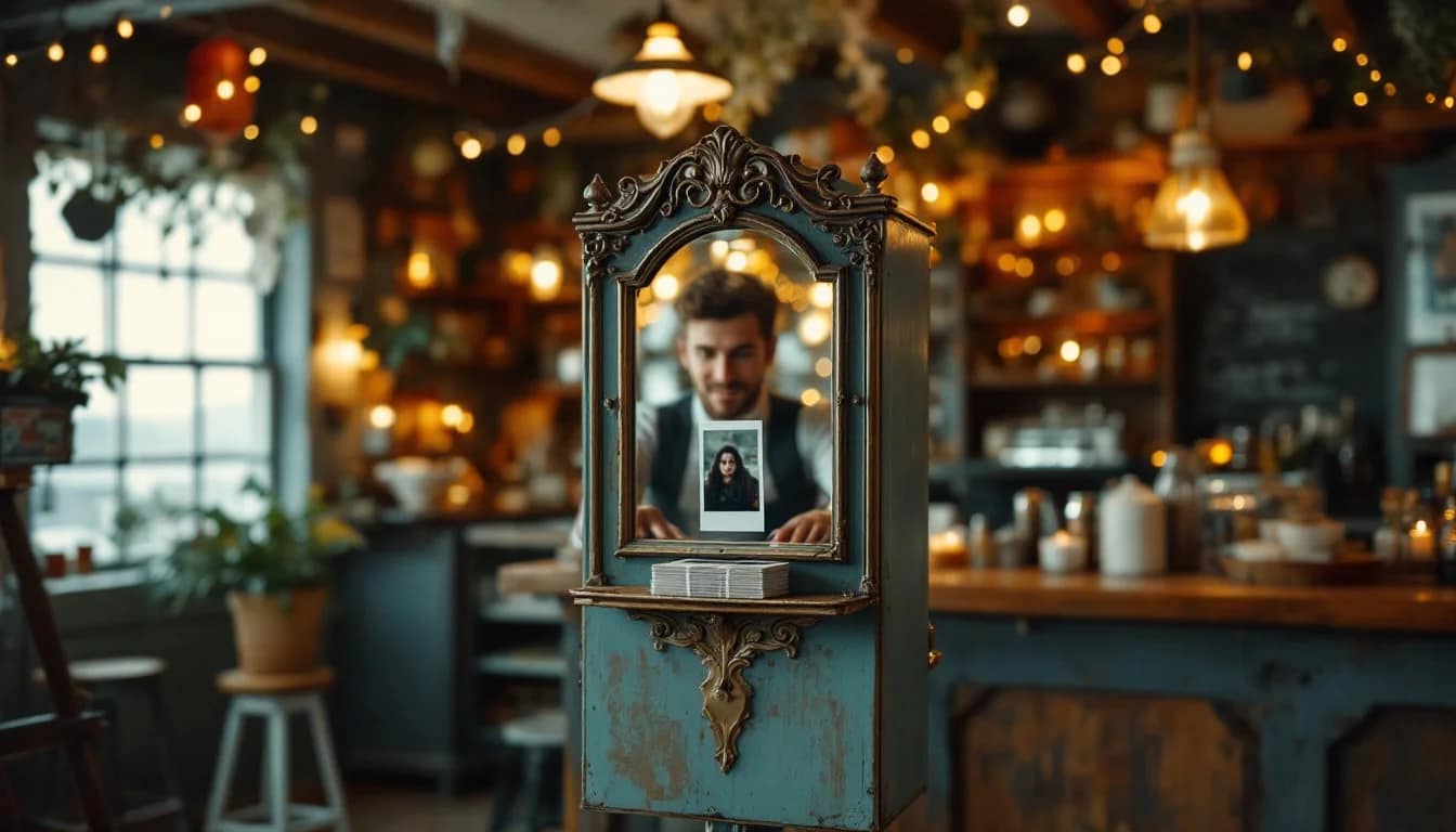 Where To Hire A Vintage Photo Booth — A magic mirror photo booth at a bustling Cornwall party, with groups of friends Where To Hire A Vintage Photo Booth — A magic mirror photo booth at a bustling Cornwall party, with groups of friends