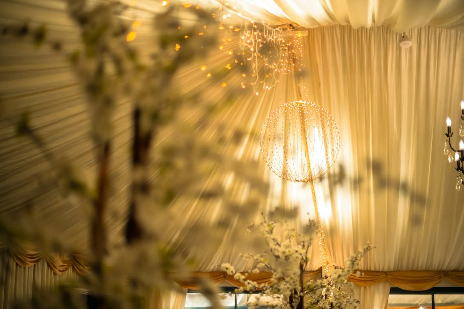 Festive tent interior with warm lights and blurred white blossoms Festive tent interior with warm lights and blurred white blossoms