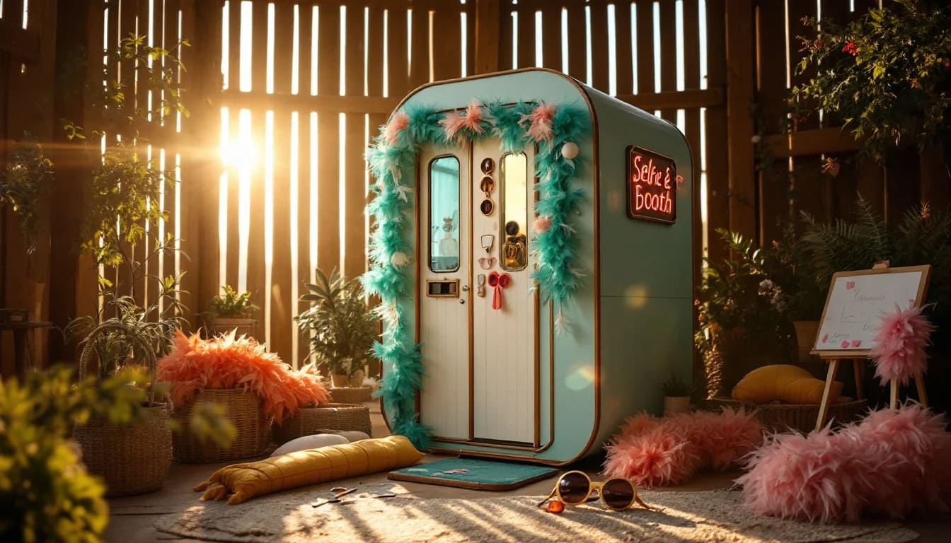 Selfie Pod Hire In South West England — A modern selfie pod set up at a stylish Devon event, with a group of friends pos Selfie Pod Hire In South West England — A modern selfie pod set up at a stylish Devon event, with a group of friends pos