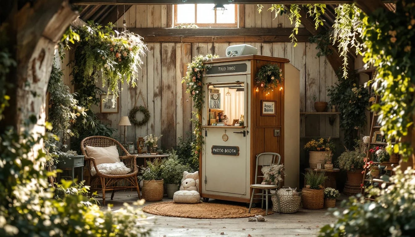 Hire Photo Booth — A sleek magic mirror photo booth set up at a rustic barn wedding in South West E Hire Photo Booth — A sleek magic mirror photo booth set up at a rustic barn wedding in South West E