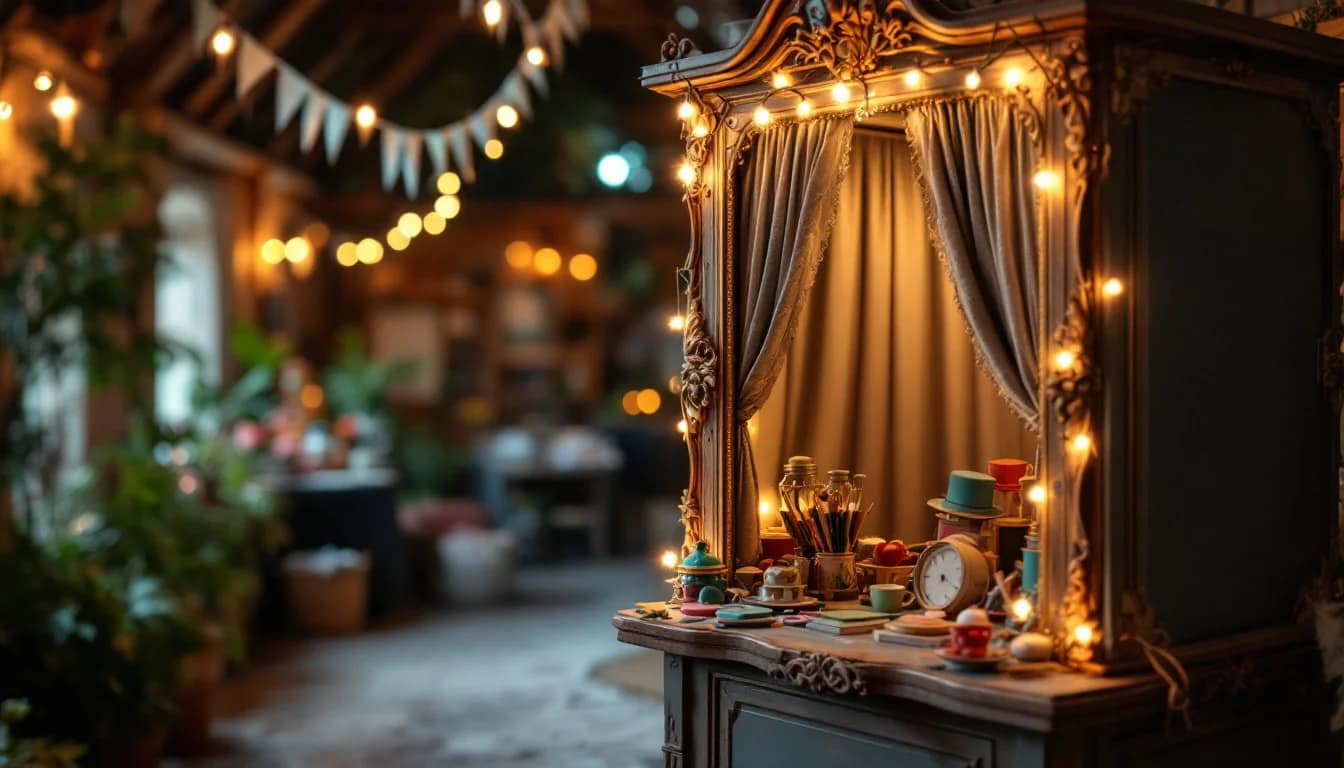Photo Booth Near Me — A magic mirror photo booth set up in a rustic barn venue in Devon, surrounded by Photo Booth Near Me — A magic mirror photo booth set up in a rustic barn venue in Devon, surrounded by